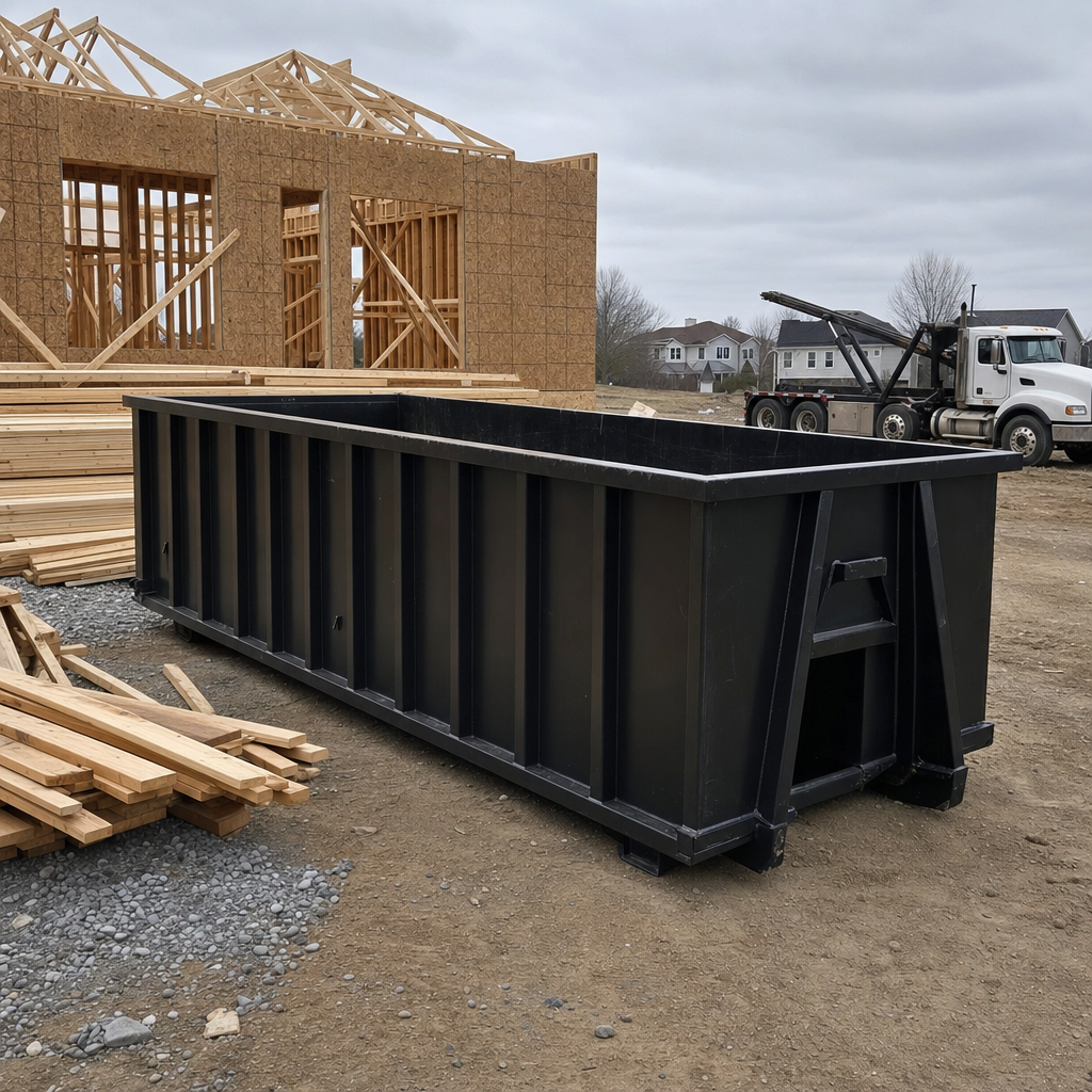 Matte-black 40-yard roll-off dumpster staged on a framed-out residential construction site in Rochester, framing lumber stacked nearby, hooklift delivery truck visible in the background under bright Colorado daylight