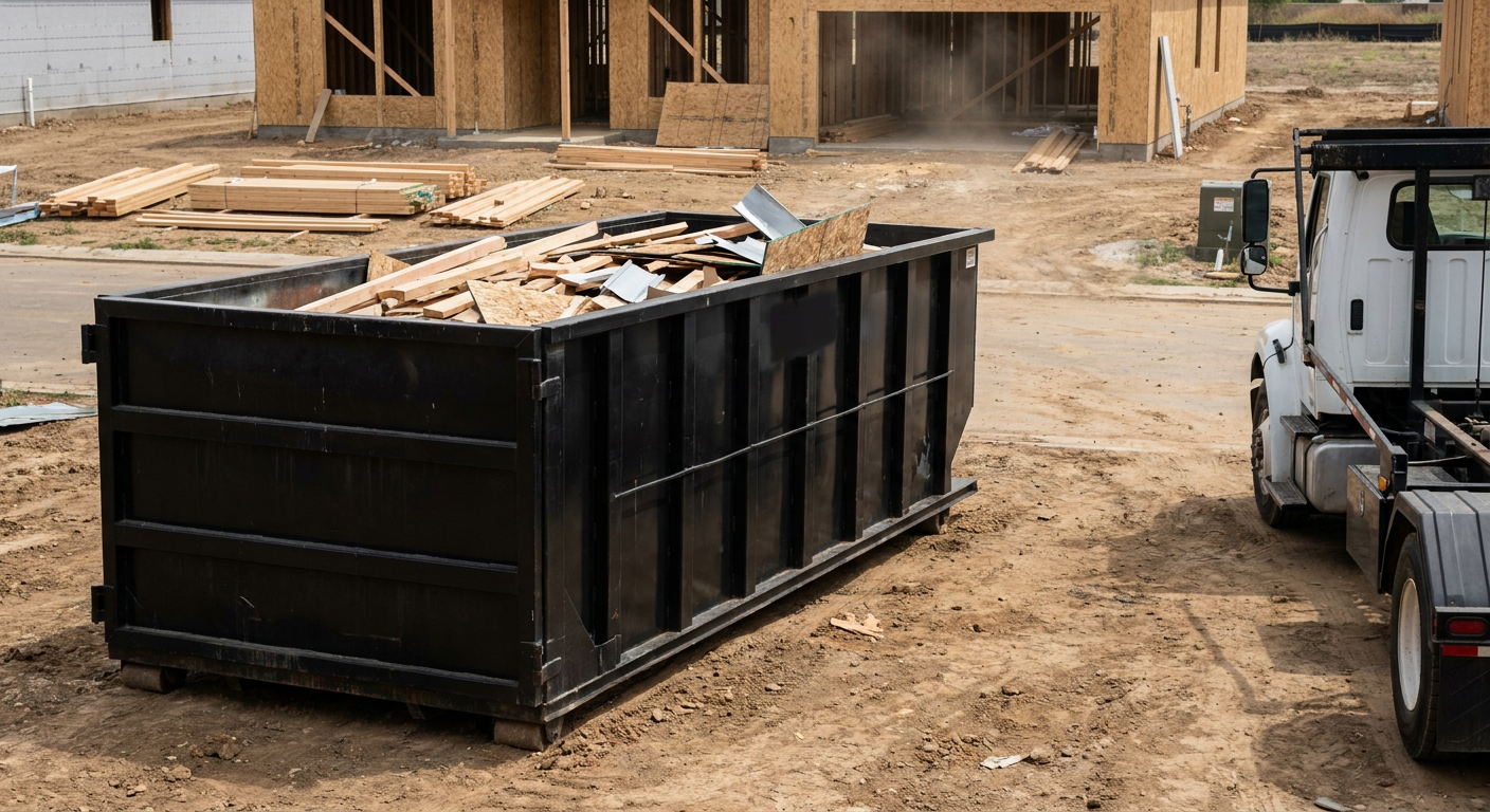 Matte-black 20-yard roll-off construction dumpster with heavy ribbed steel sidewalls and swing rear doors at a working jobsite in Rochester, sitting directly on compacted dirt with an unmarked white hauler partially visible at the far edge of the frame.