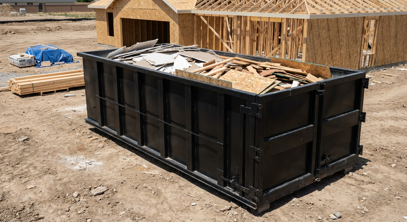 Matte-black 30-yard roll-off construction dumpster sitting directly on the compacted-dirt site of a framed single-family home build in Rochester, drywall and lumber scrap loaded inside.