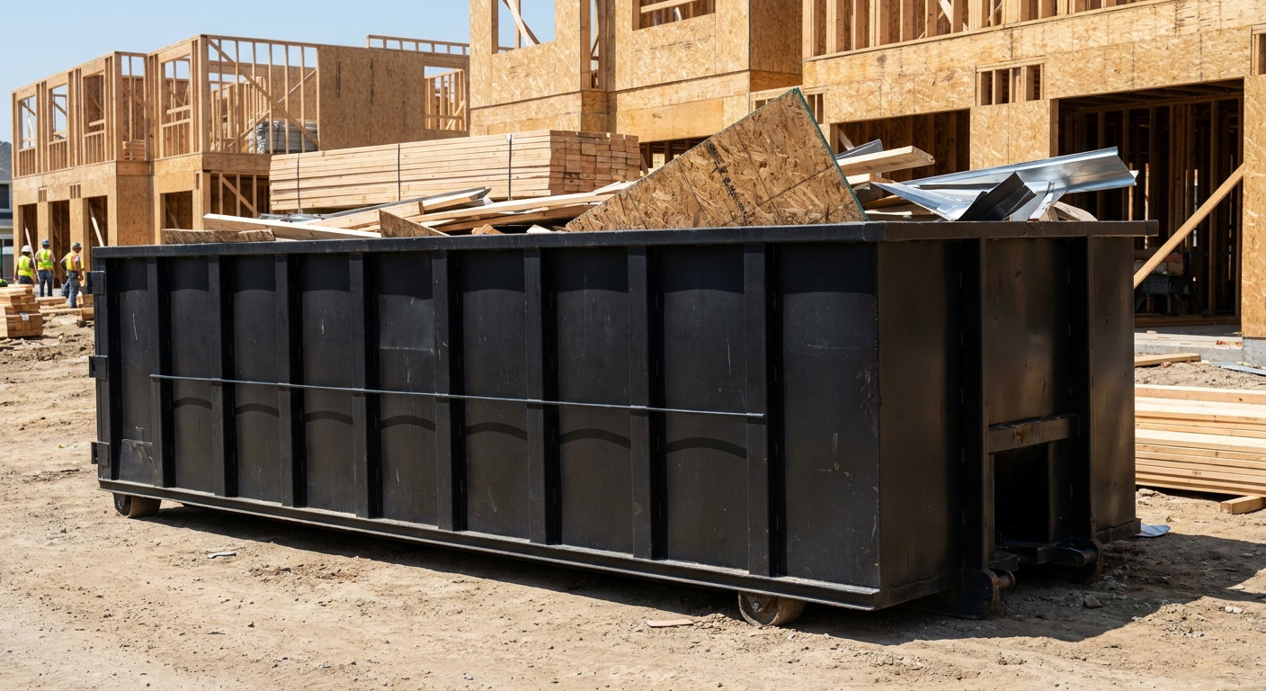 Matte-black 40-yard roll-off construction dumpster being lowered from a white-cab hooklift delivery truck onto the compacted-dirt jobsite at a commercial build site in Rochester