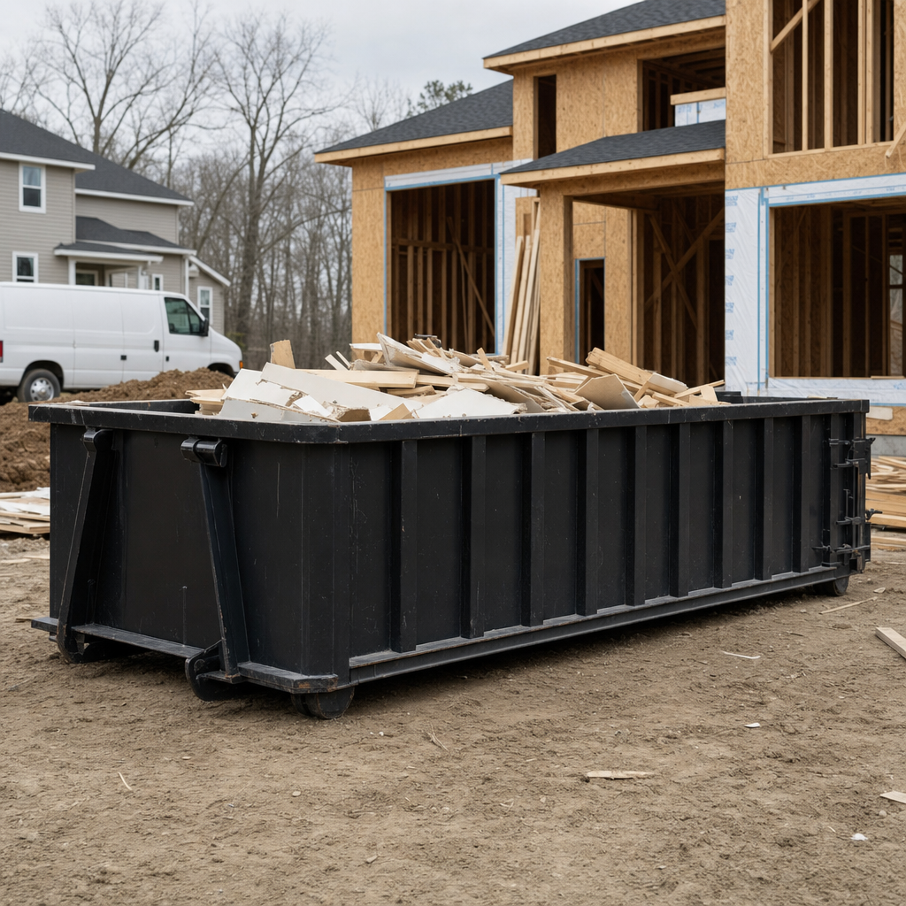 Worker in a yellow high-visibility vest tossing framing lumber and broken drywall into a matte-black 30-yard construction roll-off dumpster on an active build site in Rochester, bright daylight