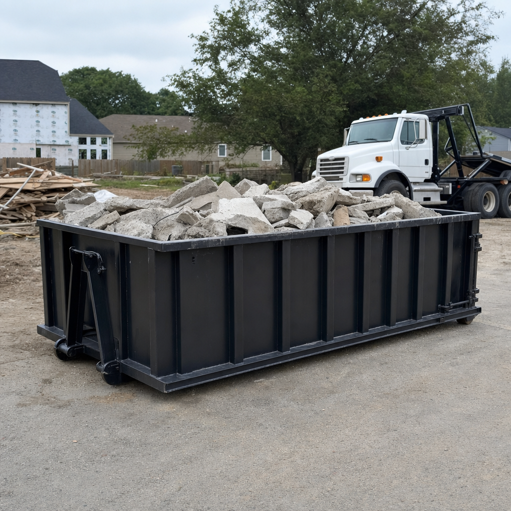 Low-profile matte-black lowboy roll-off dumpster loaded with broken concrete slab and rebar at a foundation tear-out in Rochester, skid steer parked beside it, sunny Colorado morning