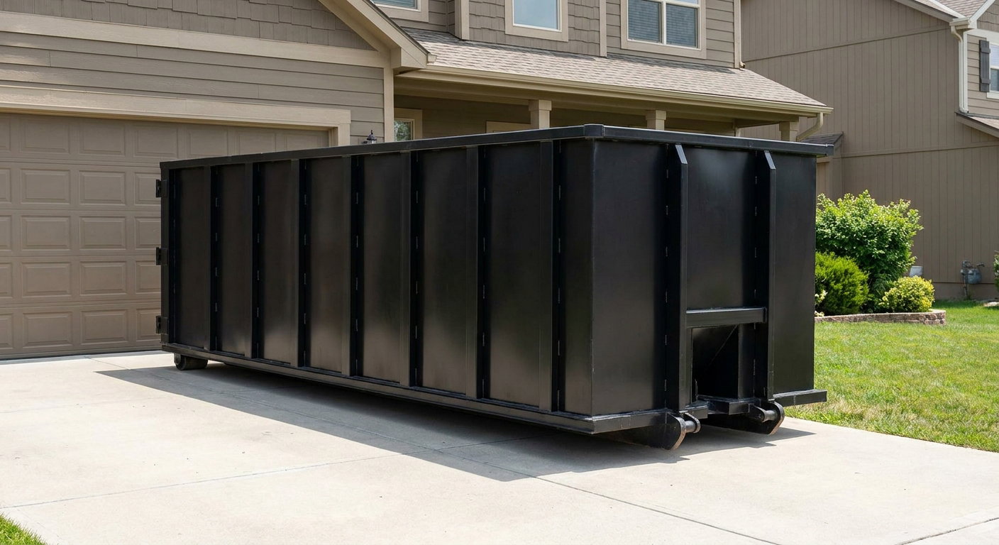 Matte-black residential roll-off dumpster sitting directly on a suburban Rochester concrete driveway, garage door closed, single-family home in background, bright morning daylight.
