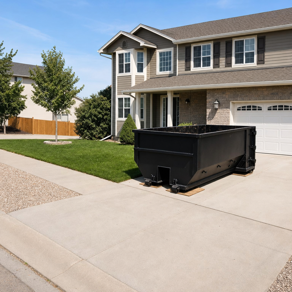 10-yard matte-black residential dumpster placed directly on a narrow Rochester concrete driveway, room remains for a parked sedan beside it, mid-morning natural light