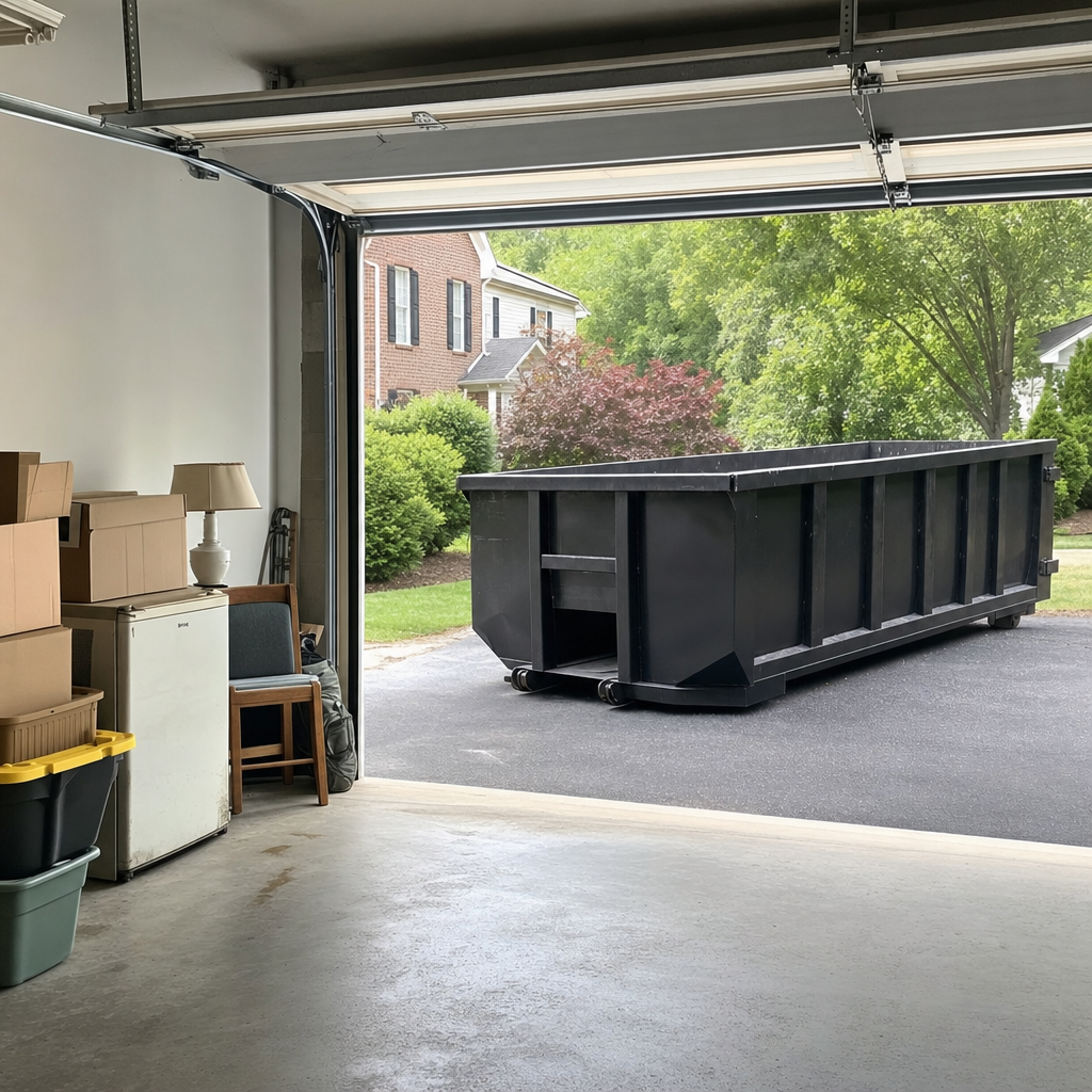Open garage interior in a Rochester home mid-cleanout — boxed items, an old appliance, and stacked yard tools queued near the driveway for a matte-black roll-off dumpster, organized and calm