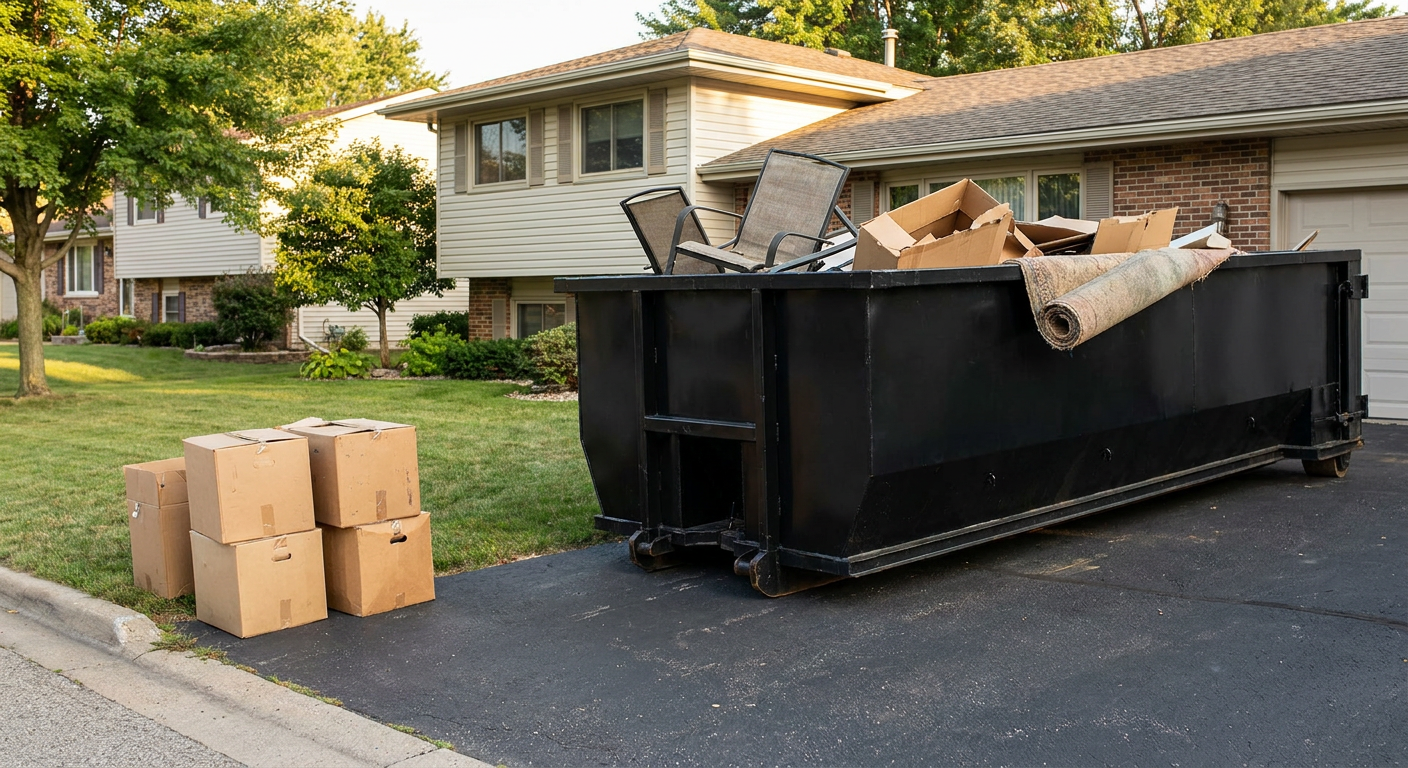 Front-yard view of a Rochester split-level home with a 20-yard matte-black roll-off dumpster sitting directly on the asphalt driveway, a few clearly labeled donation boxes staged at the curb, calm sunny afternoon.