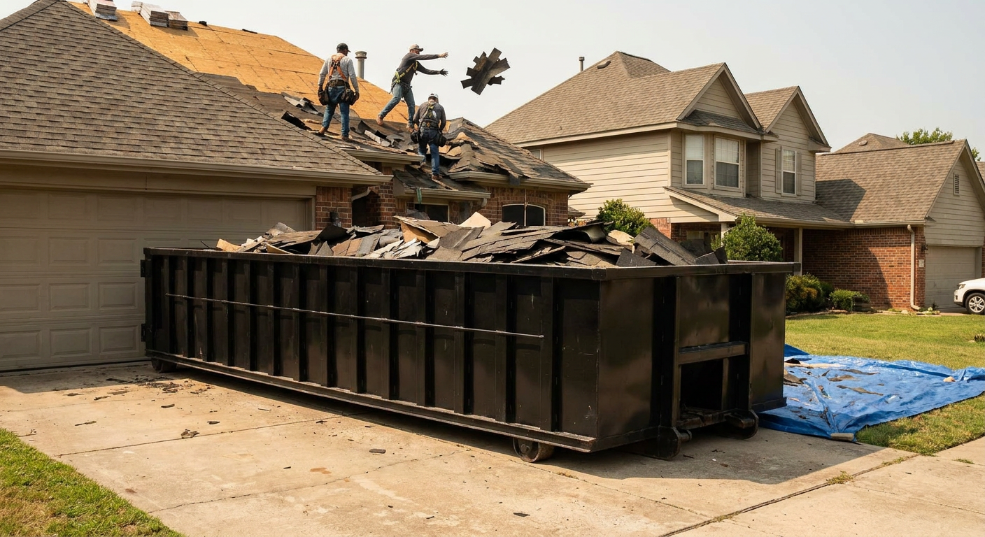 Matte-black roofing roll-off dumpster placed directly on a Rochester residential concrete driveway, a tear-off crew on a two-story asphalt-shingle roof tossing shingle bundles into the low-walled container, bright daylight, documentary 35mm perspective.