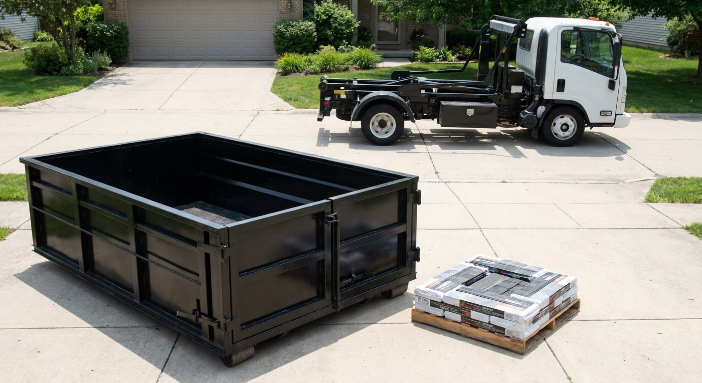Matte-black 15-yard roofing roll-off dumpster with reinforced low side walls sitting directly on a Rochester residential concrete driveway, three-tab asphalt shingle bundles stacked nearby, an unmarked white hauler truck partially visible at the edge of the frame.