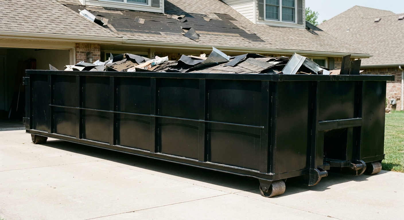Matte-black 20-yard roofing roll-off dumpster with steel ribbed sides and swinging rear door, sitting directly on the concrete driveway of a two-story Rochester home, asphalt shingle debris being loaded over the low wall, clean documentary lighting.