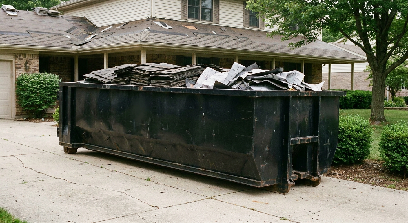 Matte-black 30-yard roofing roll-off dumpster sitting directly on a Rochester concrete driveway, taller ribbed steel side panels, mixed tear-off debris of asphalt shingles and underlayment inside, professional documentary daylight.