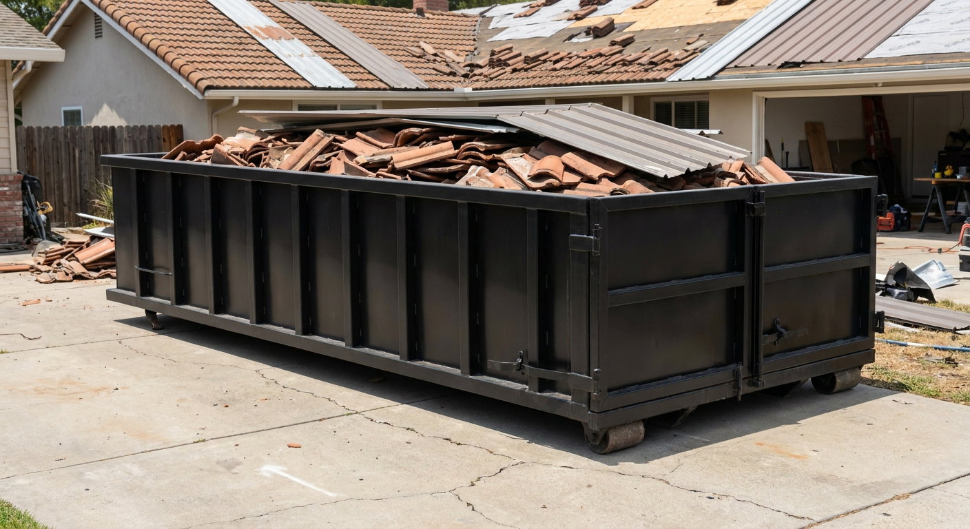 Matte-black low-wall heavy-debris roofing roll-off dumpster sitting directly on a Rochester concrete driveway, broken concrete clay roof tiles and metal panel sections loaded inside, reinforced ribbed steel side walls visible, bright outdoor daylight.