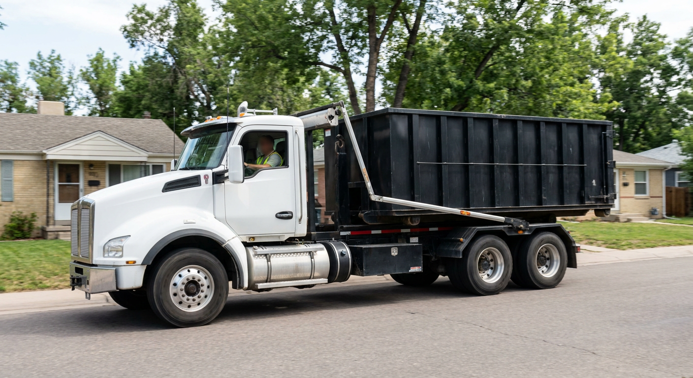A wide documentary shot of a matte-black roll-off delivery truck pulling onto a quiet Rochester residential street at mid-morning, with neighborhood rooftops and tree-lined blocks visible behind, showing the metro coverage footprint.