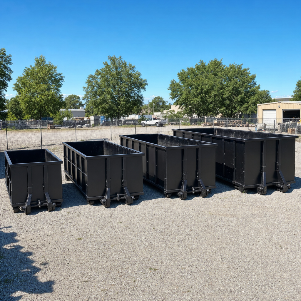 A clean lineup of matte-black roll-off dumpsters in 10, 20, 30, and 40-yard sizes staged on a sunlit gravel yard in Rochester, showing the size progression from compact to commercial-scale containers.