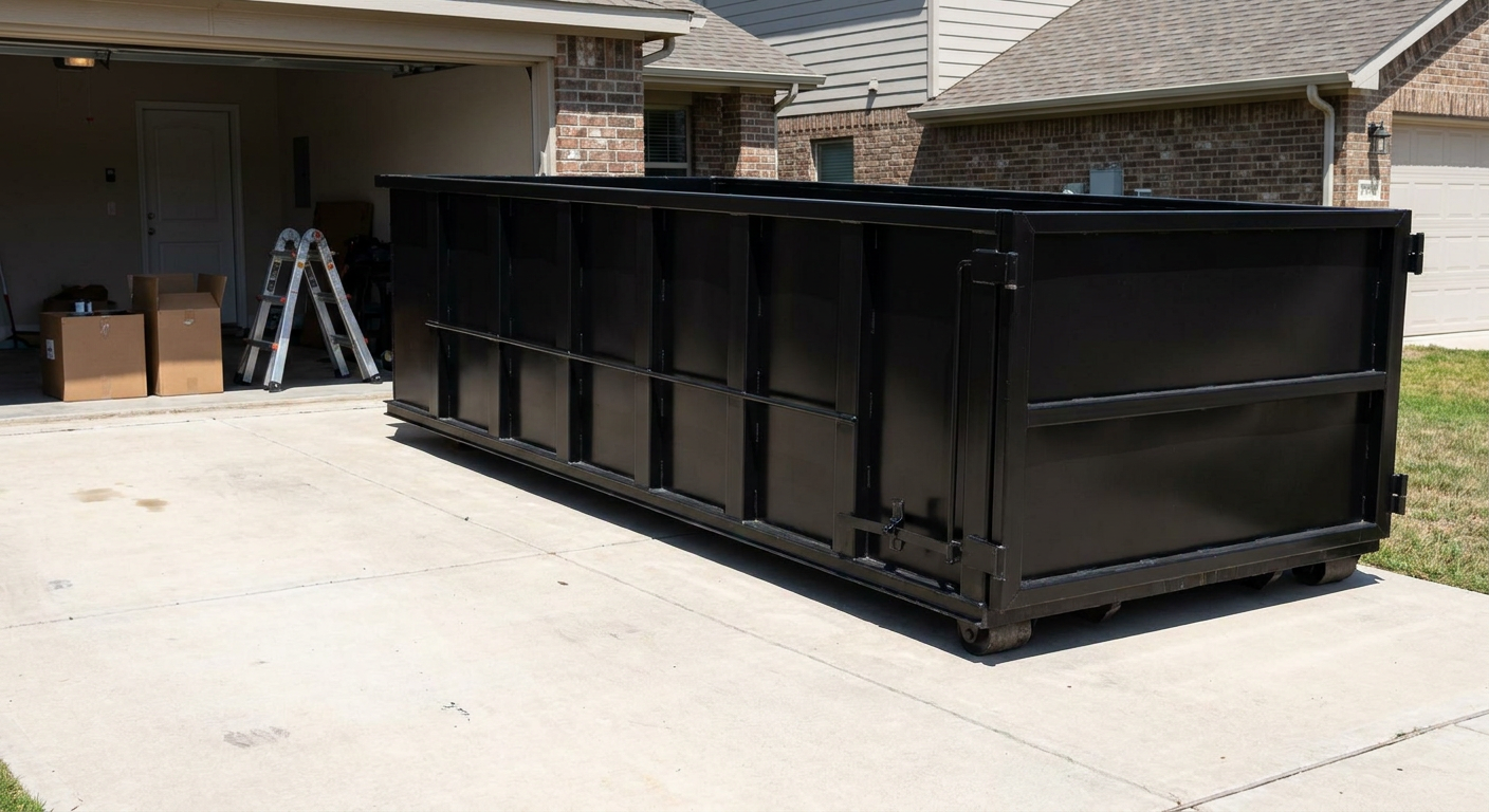 A matte-black 10-yard roll-off dumpster sitting directly on a residential Rochester concrete driveway, mid-day sunlight, clean and ready for a garage cleanout.
