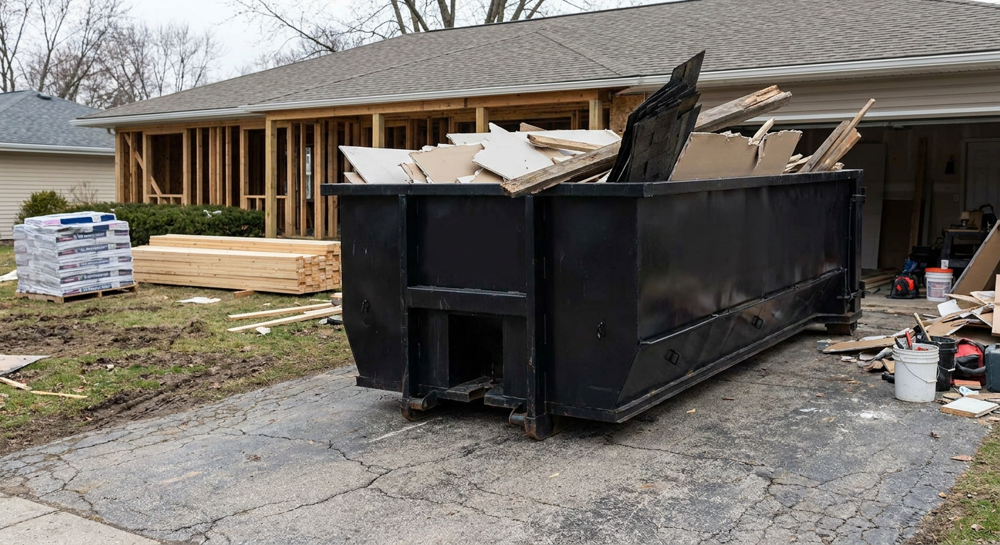A matte-black 20-yard roll-off dumpster placed alongside a mid-renovation Rochester home directly on the asphalt driveway, with framing materials and torn-off shingles staged neatly nearby.