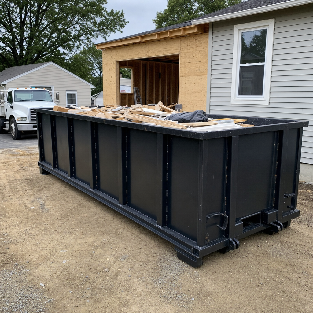 A matte-black 30-yard roll-off dumpster positioned at a Rochester residential addition jobsite, with framing lumber and drywall scraps loaded through the open swinging rear doors.