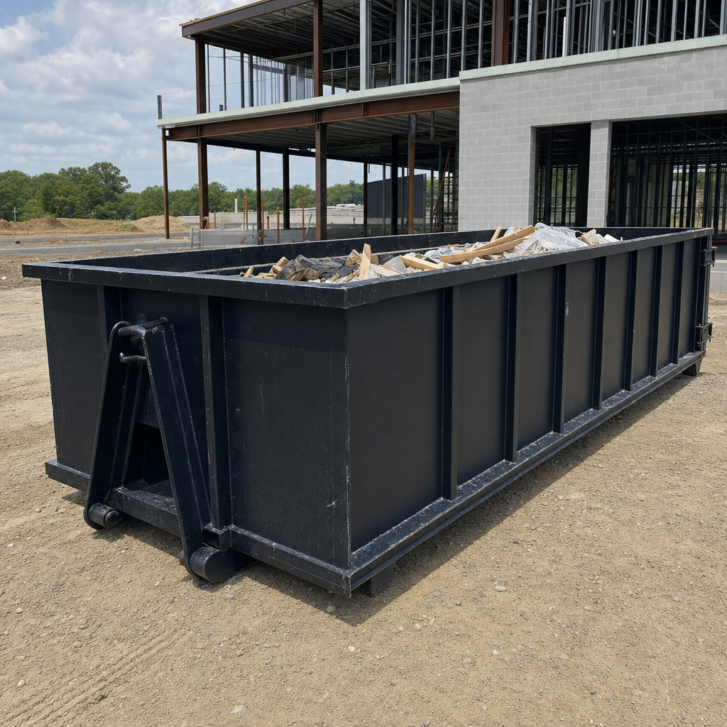 A matte-black 40-yard roll-off dumpster staged on a large Rochester commercial construction lot, with a hooklift delivery truck parked alongside under bright midday sky.