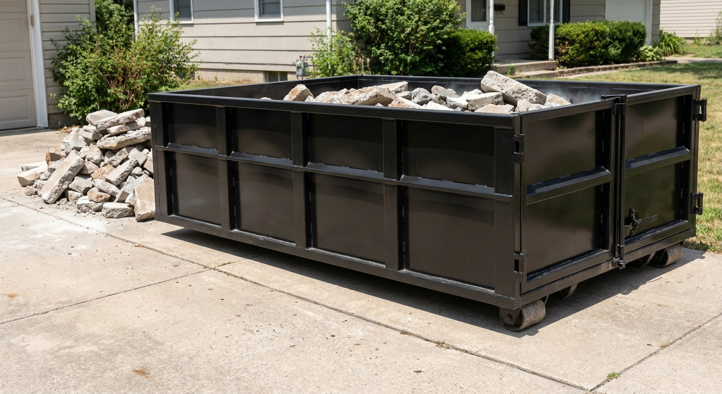 A matte-black low-side heavy-debris roll-off dumpster placed directly on a Rochester concrete driveway, with broken concrete chunks neatly stacked beside it under clean daylight.